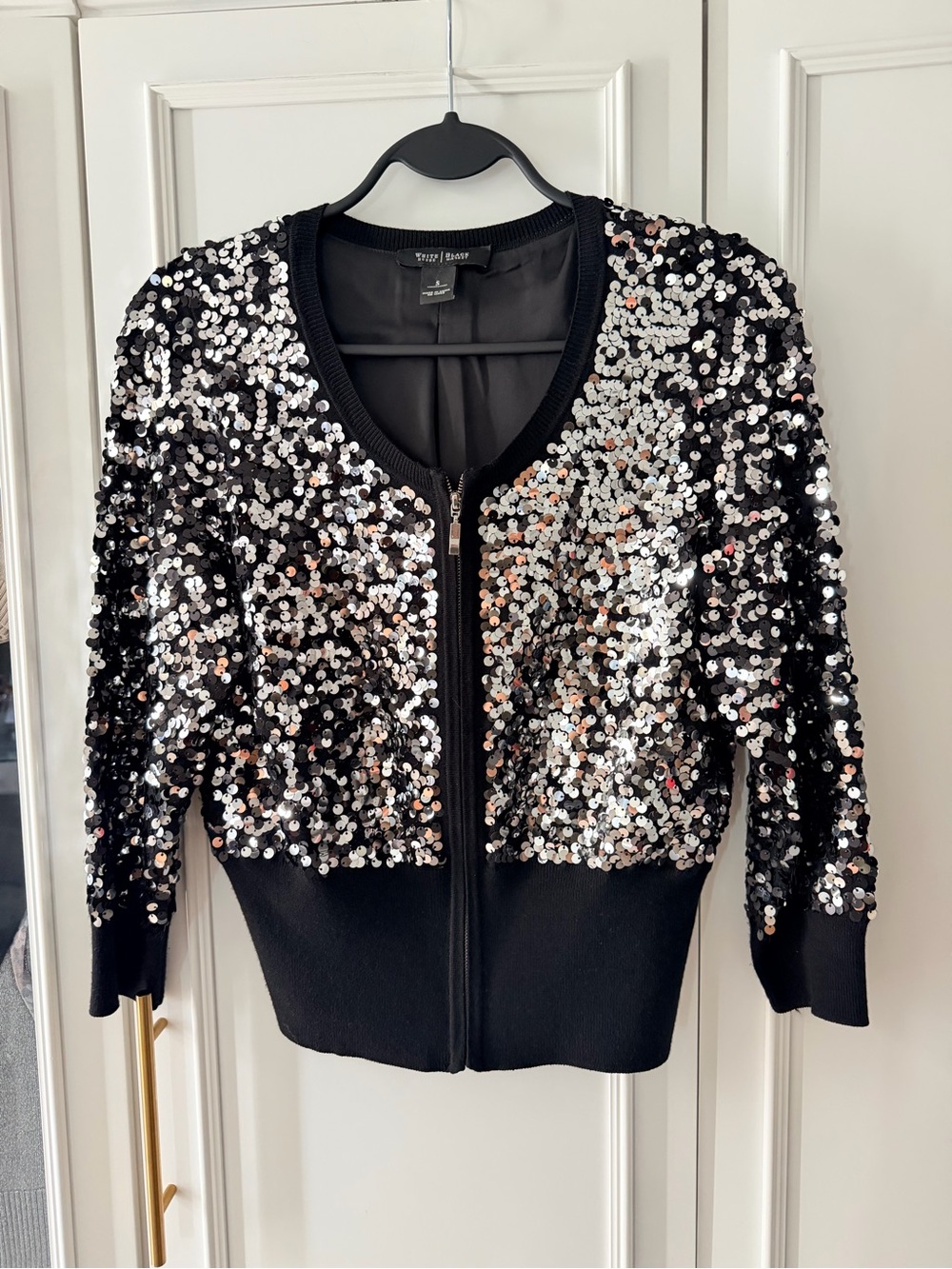 White House Black Market Sequin Zip-Front Cardigan - Black/Silver